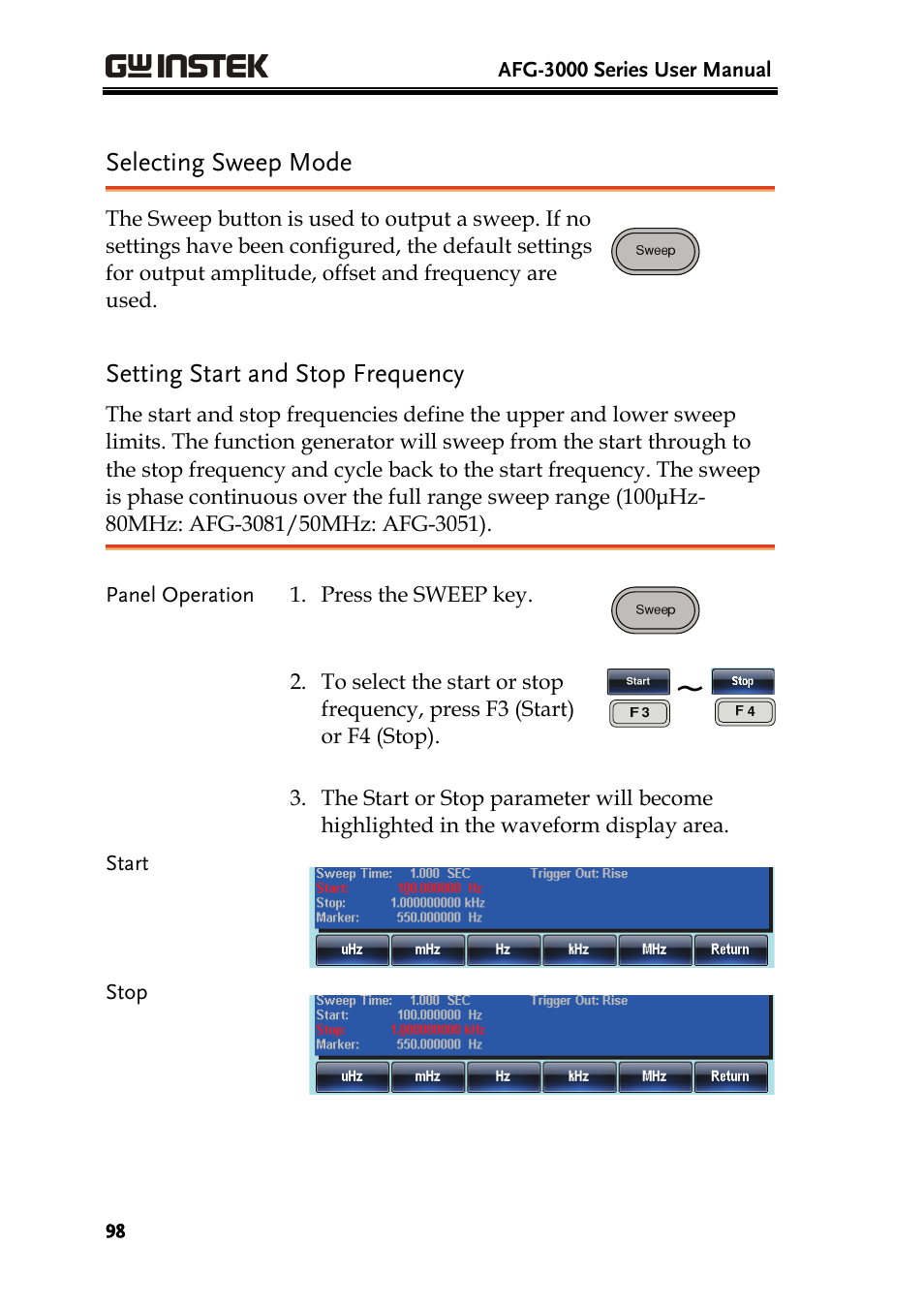 Selecting sweep mode, Setting start and stop frequency | GW Instek AFG-3000 Series User Manual | Page 98 / 304