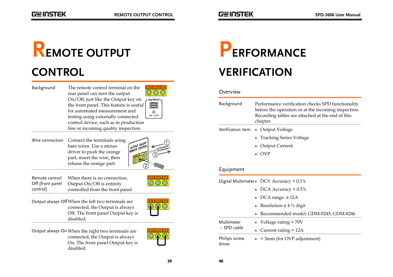 Emote output control, Erformance verification | GW Instek SPD-3606 User Manual | Page 20 / 32