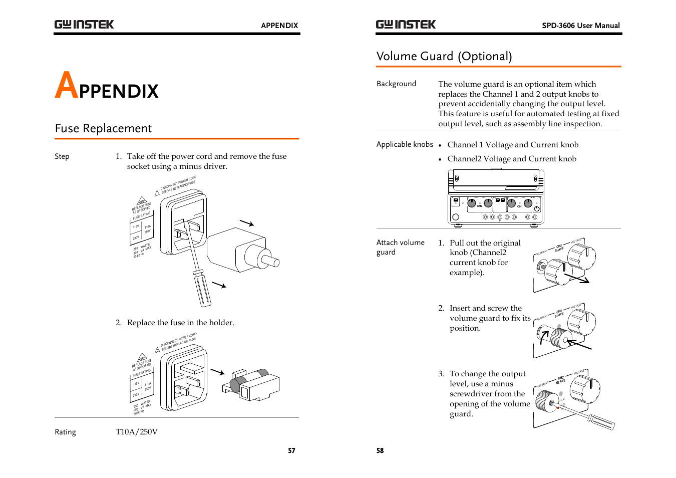 Ppendix, Fuse replacement, Volume guard (optional) | Appendix, Replace the fuse in the holder, Channel 1 voltage and current knob, Channel2 voltage and current knob | GW Instek SPD-3606 User Manual | Page 29 / 32