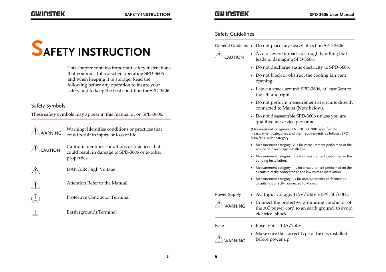 Afety instruction | GW Instek SPD-3606 User Manual | Page 3 / 32
