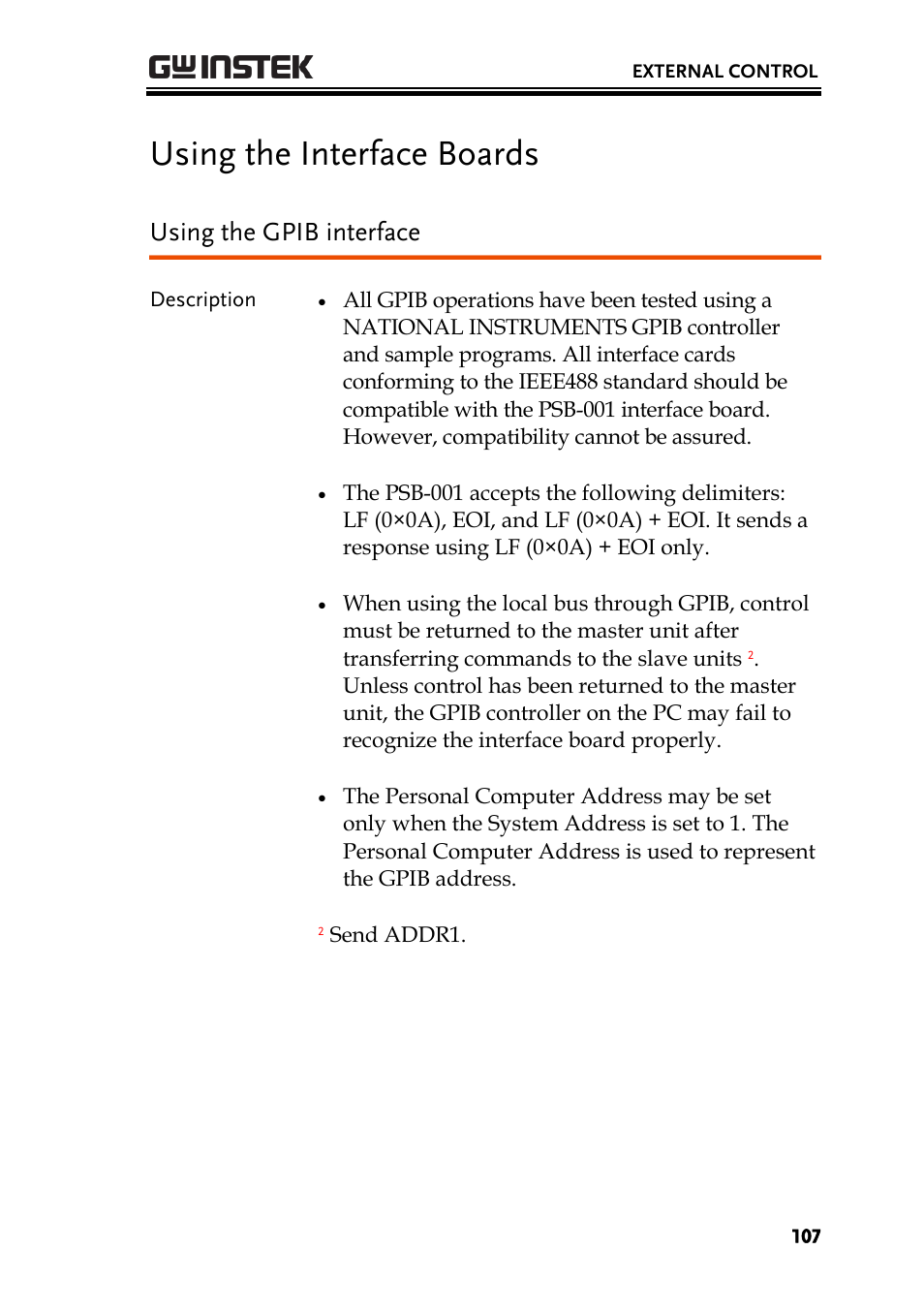 Using the interface boards, Using the gpib interface | GW Instek PSB-2000 Series User Manual User Manual | Page 107 / 160