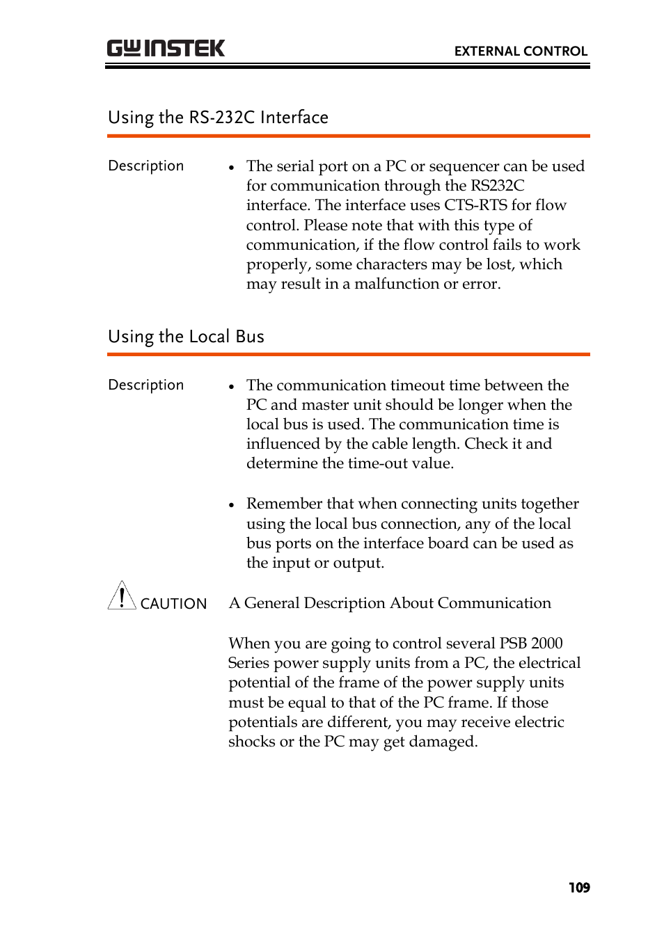 Using the rs-232c interface, Using the local bus | GW Instek PSB-2000 Series User Manual User Manual | Page 109 / 160