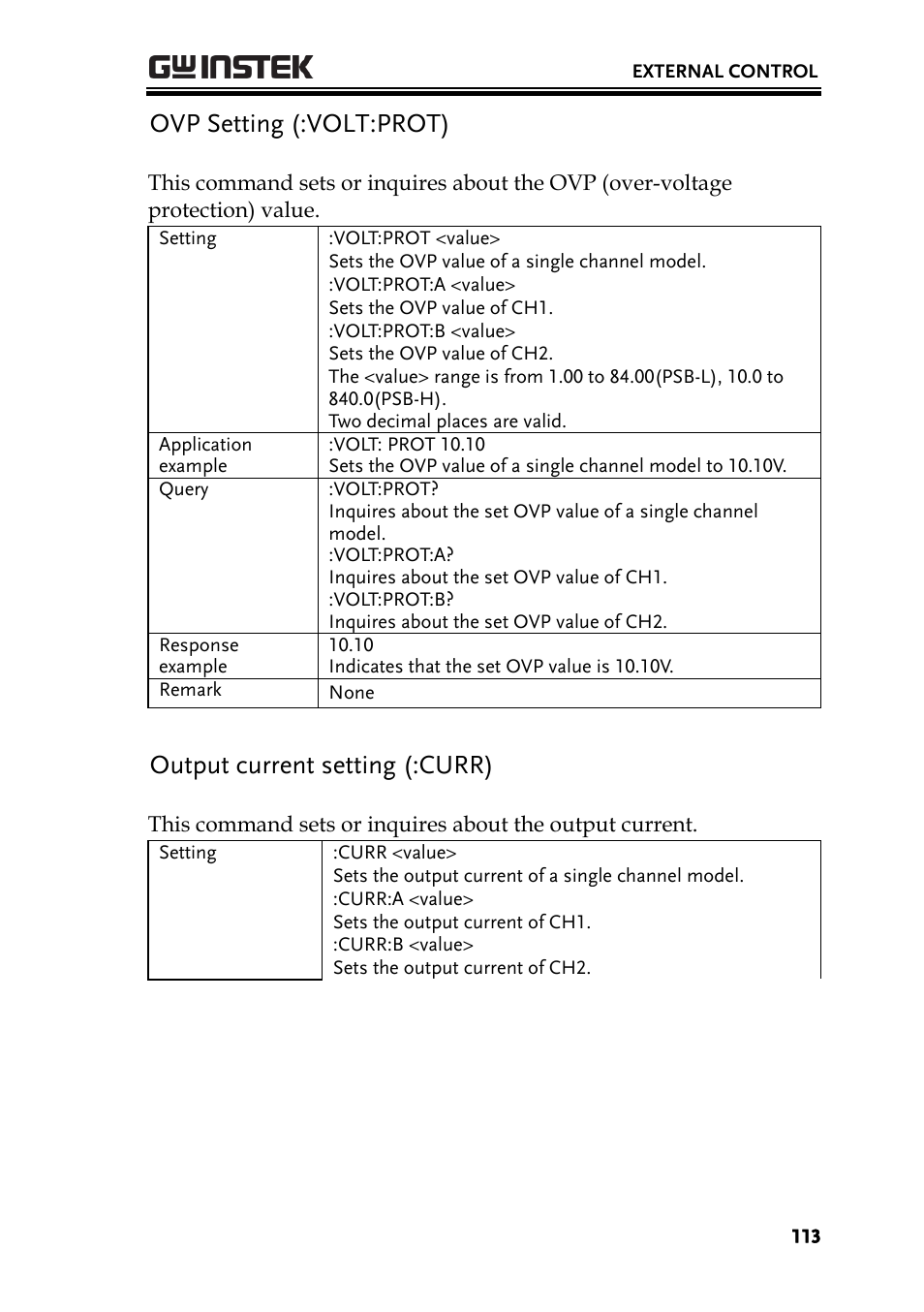 Ovp setting (:volt:prot), Output current setting (:curr) | GW Instek PSB-2000 Series User Manual User Manual | Page 113 / 160