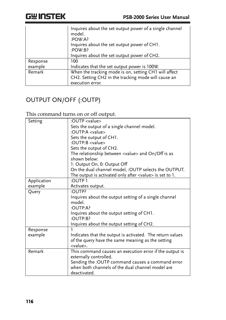 Output on/off (:outp) | GW Instek PSB-2000 Series User Manual User Manual | Page 116 / 160