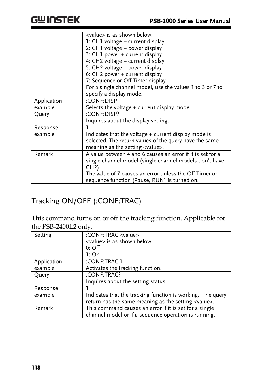 Tracking on/off (:conf:trac) | GW Instek PSB-2000 Series User Manual User Manual | Page 118 / 160