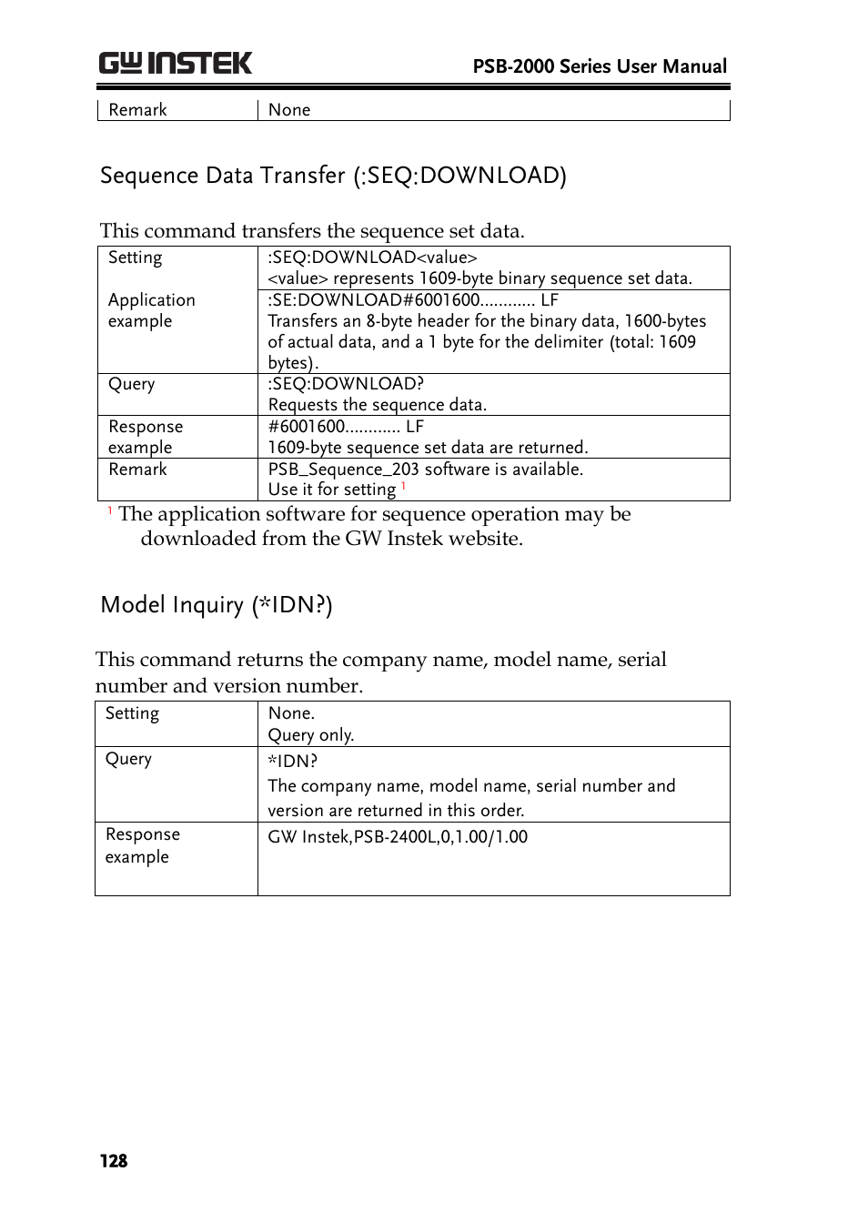 Sequence data transfer (:seq:download), Model inquiry (*idn?) | GW Instek PSB-2000 Series User Manual User Manual | Page 128 / 160