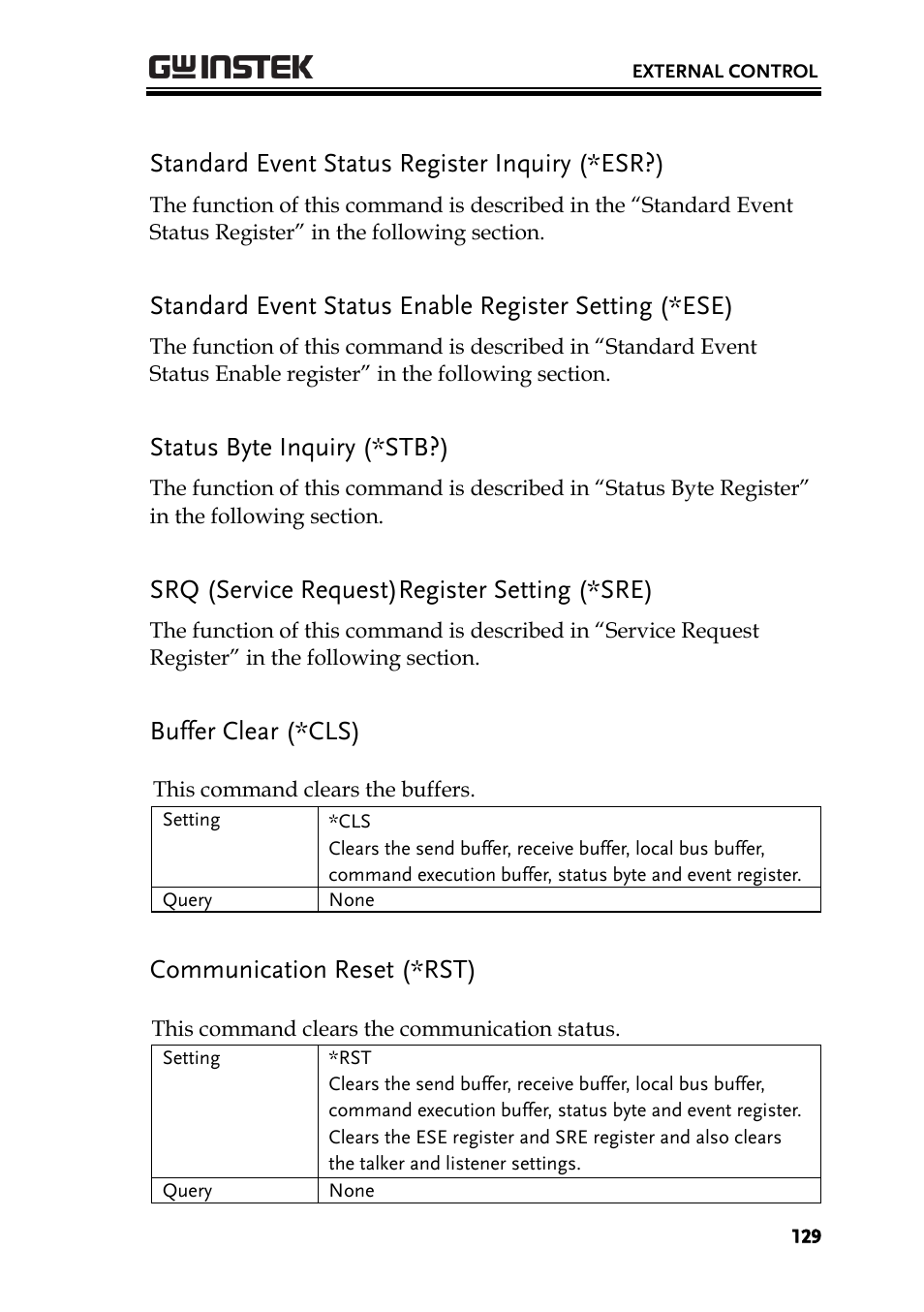 Standard event status register inquiry (*esr?), Status byte inquiry (*stb?), Srq (service request)register setting (*sre) | Buffer clear (*cls), Communication reset (*rst) | GW Instek PSB-2000 Series User Manual User Manual | Page 129 / 160