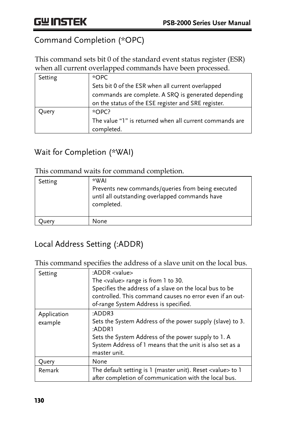 Command completion (*opc), Wait for completion (*wai), Local address setting (:addr) | GW Instek PSB-2000 Series User Manual User Manual | Page 130 / 160