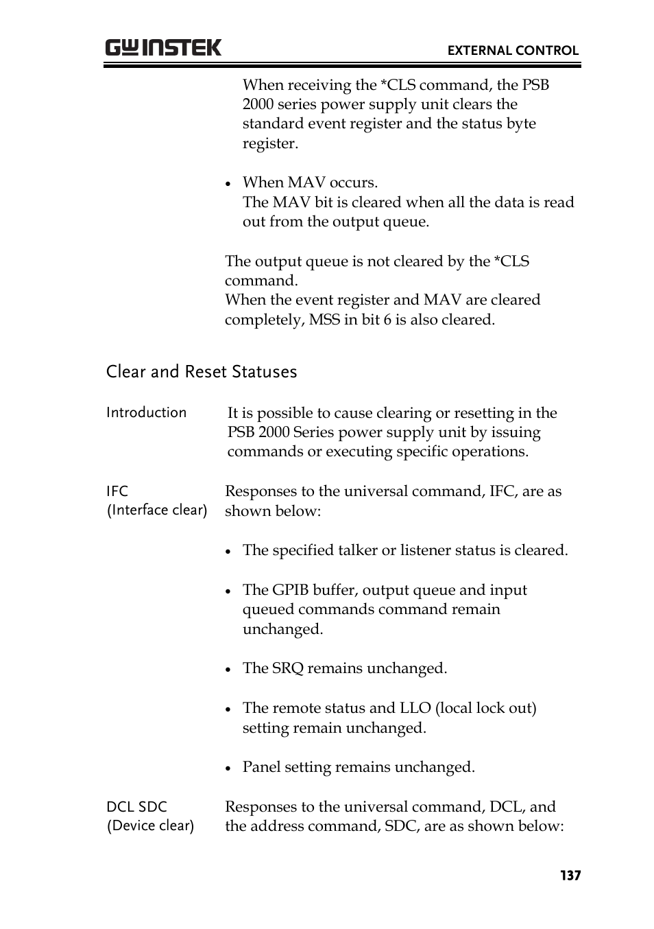 Clear and reset statuses | GW Instek PSB-2000 Series User Manual User Manual | Page 137 / 160