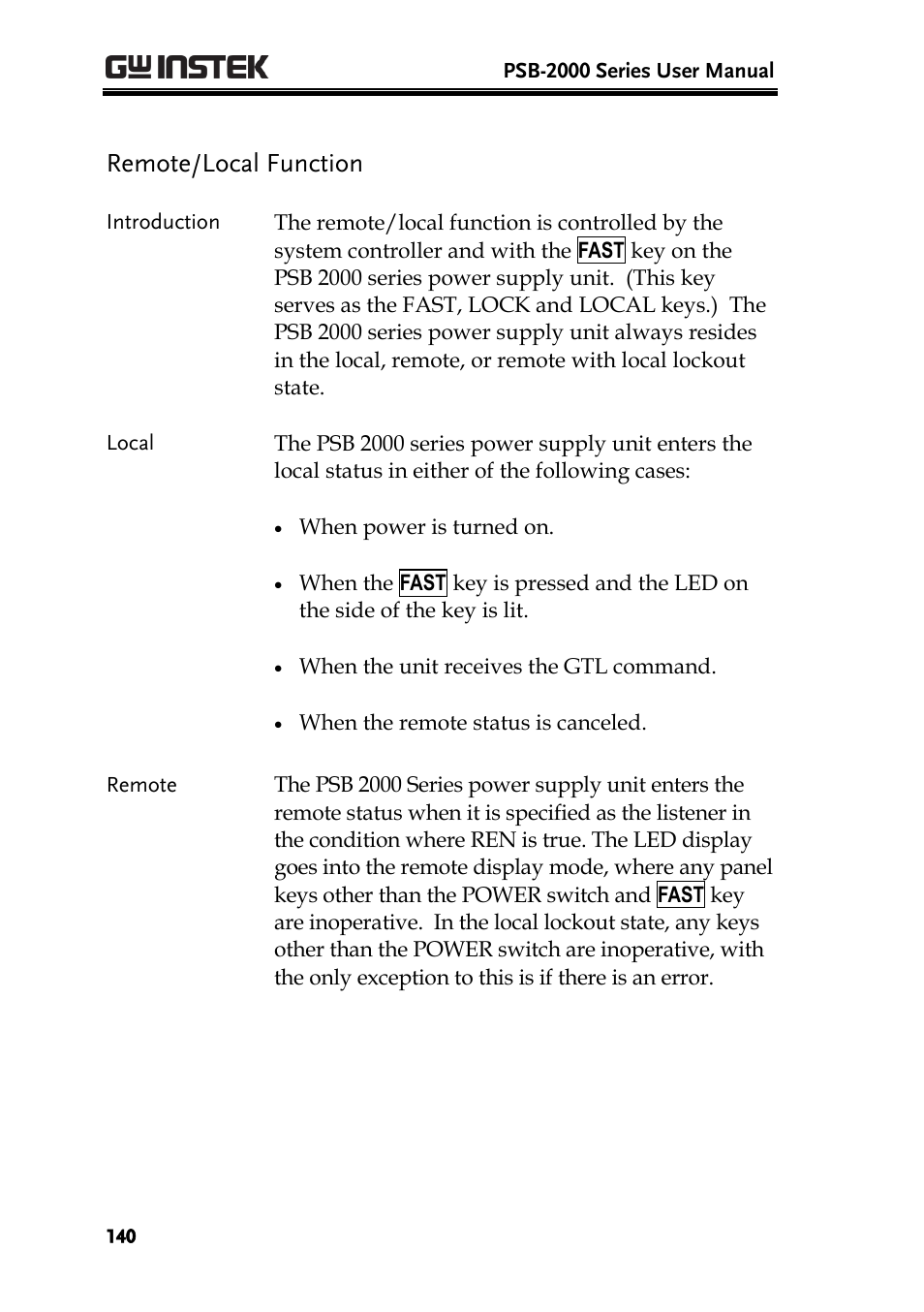 Remote/local function | GW Instek PSB-2000 Series User Manual User Manual | Page 140 / 160