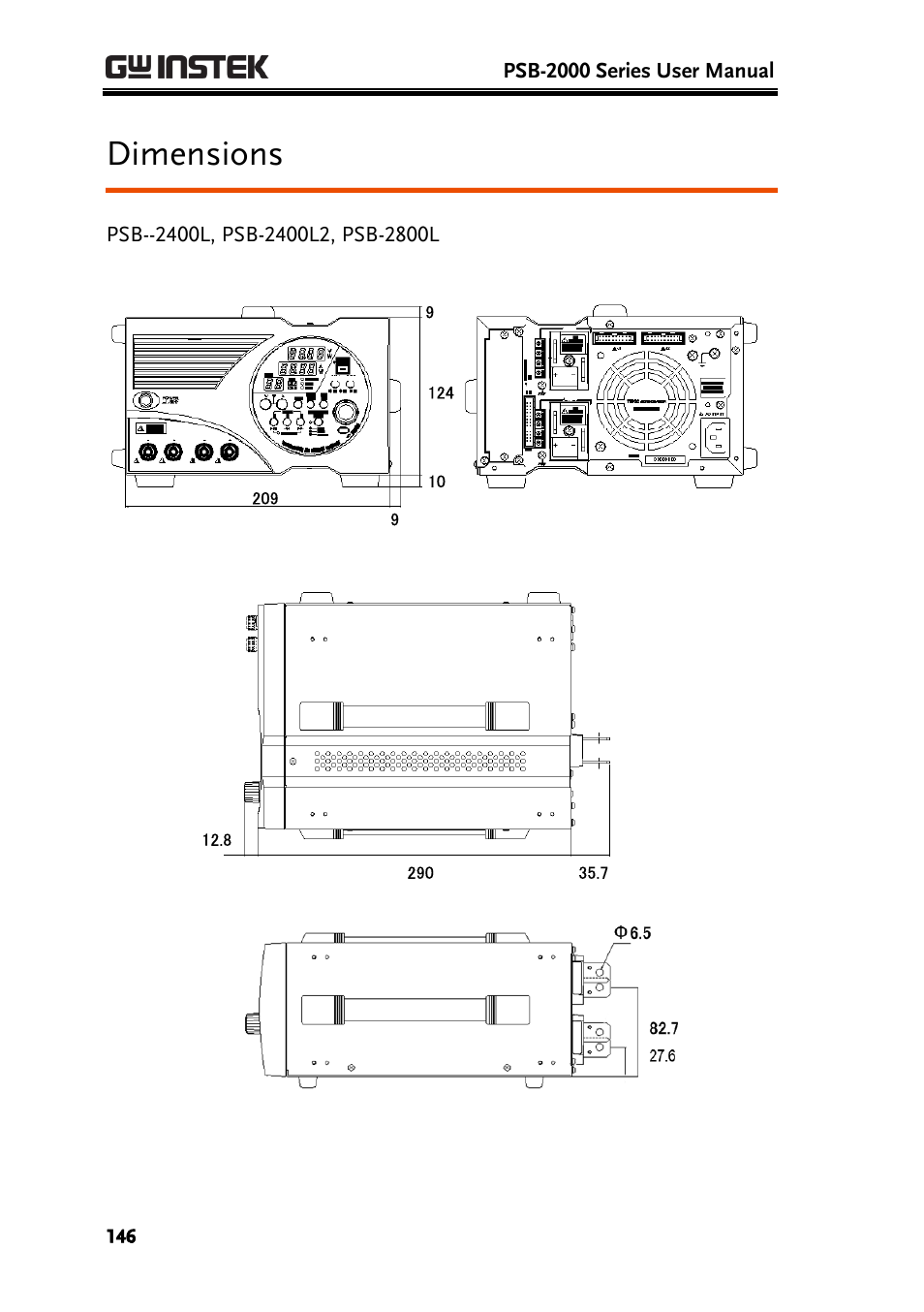 Dimensions | GW Instek PSB-2000 Series User Manual User Manual | Page 146 / 160