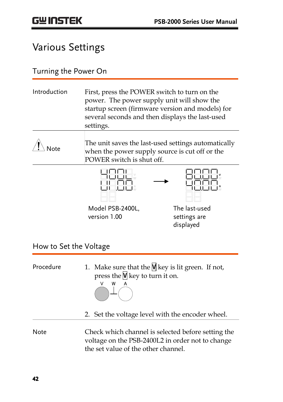 Various settings, Turning the power on, How to set the voltage | GW Instek PSB-2000 Series User Manual User Manual | Page 42 / 160