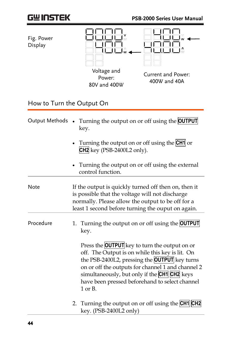 How to turn the output on | GW Instek PSB-2000 Series User Manual User Manual | Page 44 / 160
