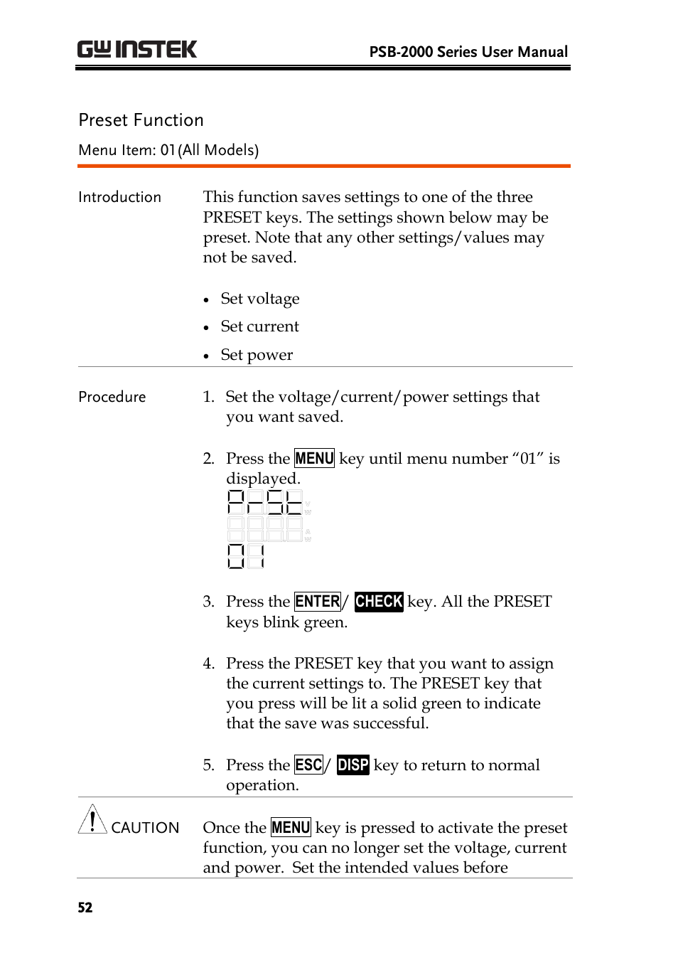 Preset function | GW Instek PSB-2000 Series User Manual User Manual | Page 52 / 160
