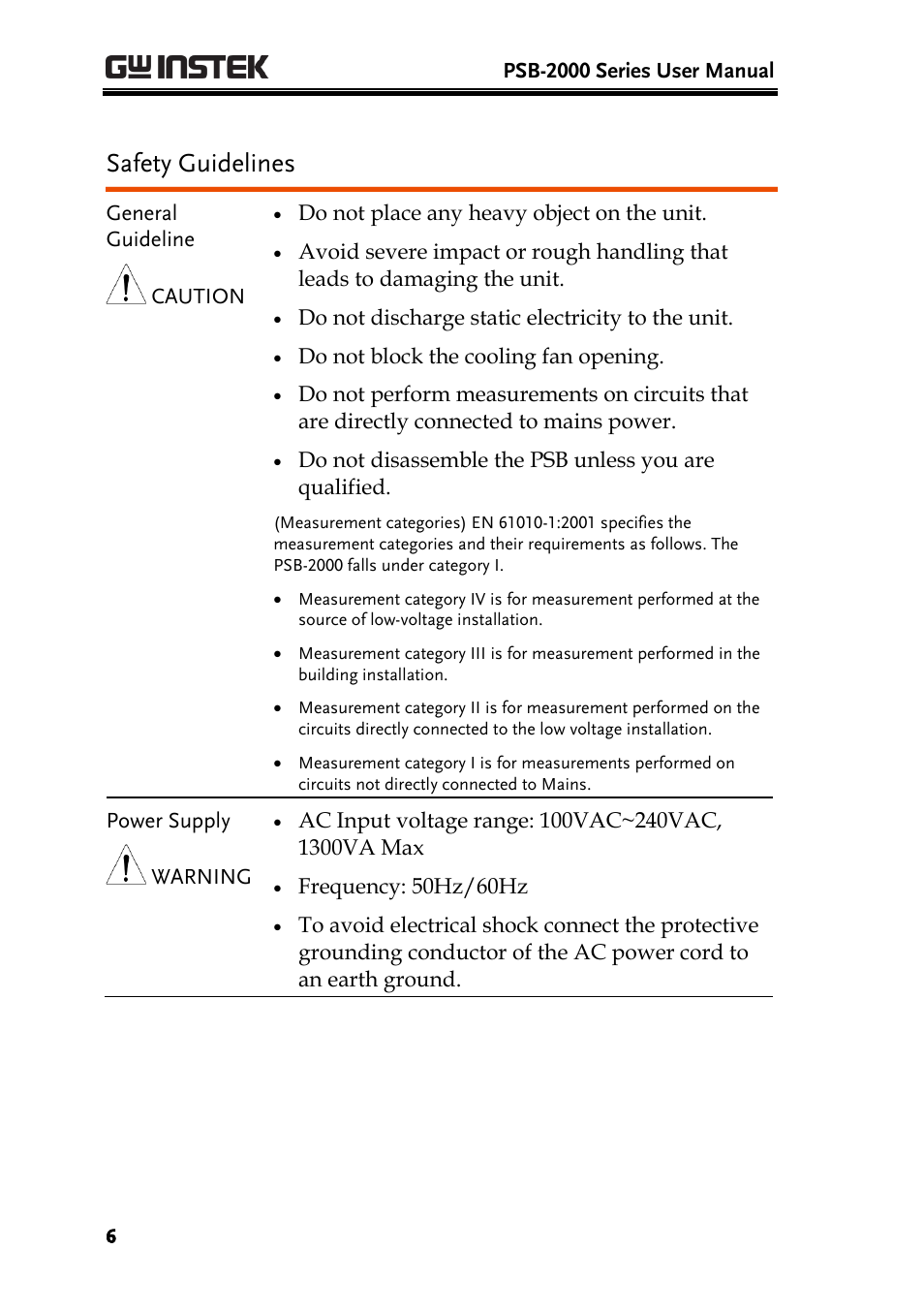 Safety guidelines | GW Instek PSB-2000 Series User Manual User Manual | Page 6 / 160