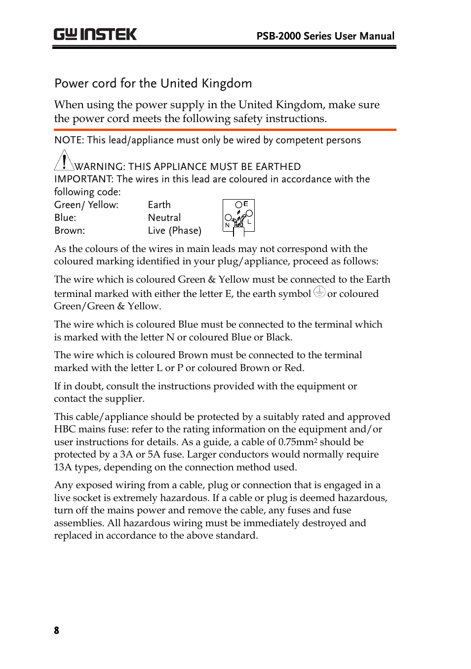 Power cord for the united kingdom | GW Instek PSB-2000 Series User Manual User Manual | Page 8 / 160