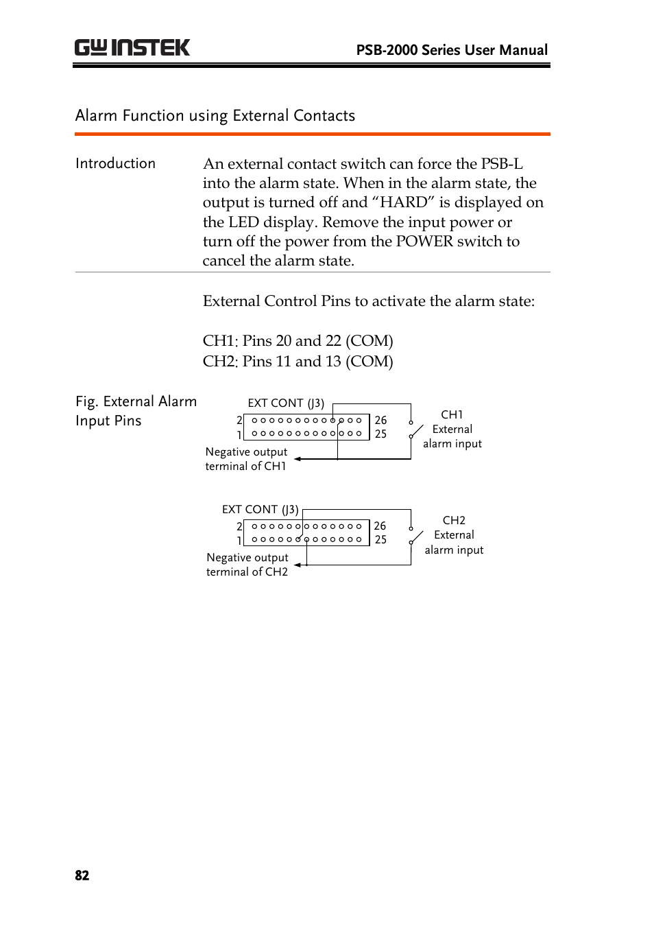 Alarm function using external contacts | GW Instek PSB-2000 Series User Manual User Manual | Page 82 / 160