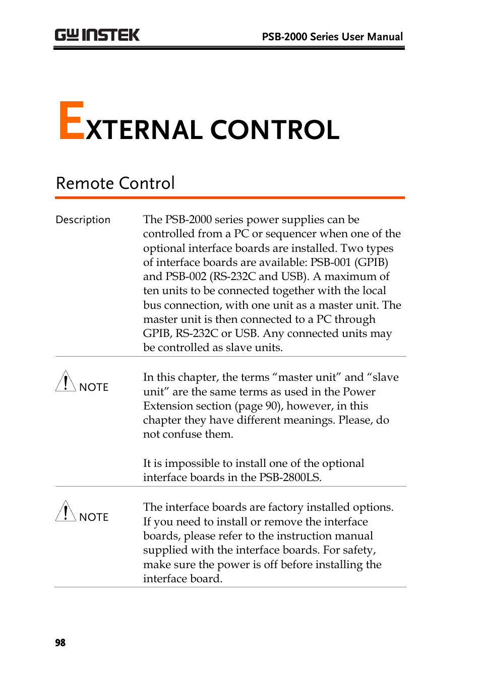 Xternal control, Remote control | GW Instek PSB-2000 Series User Manual User Manual | Page 98 / 160