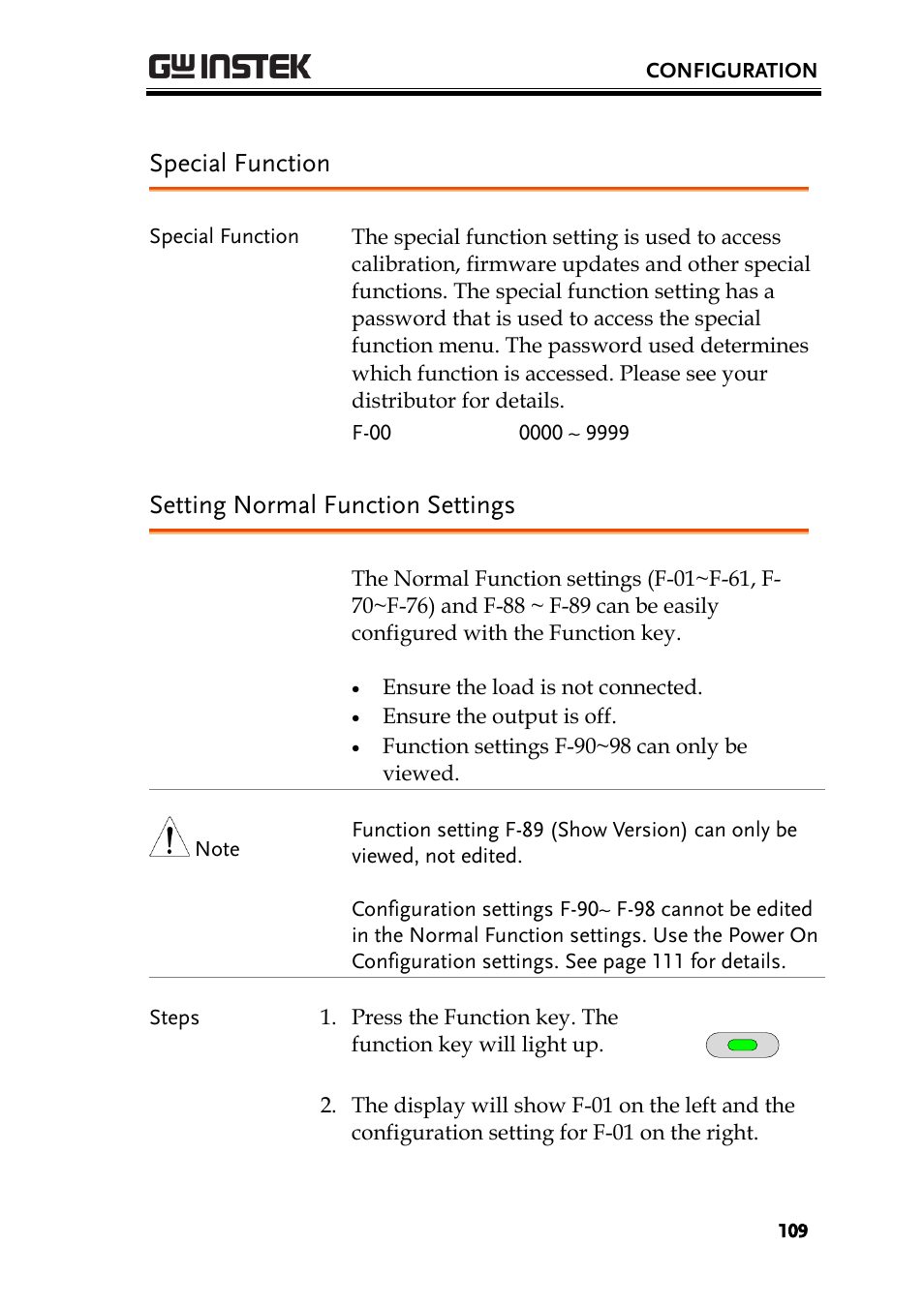Special function, Setting normal function settings | GW Instek PSU-Series User Manual User Manual | Page 109 / 196