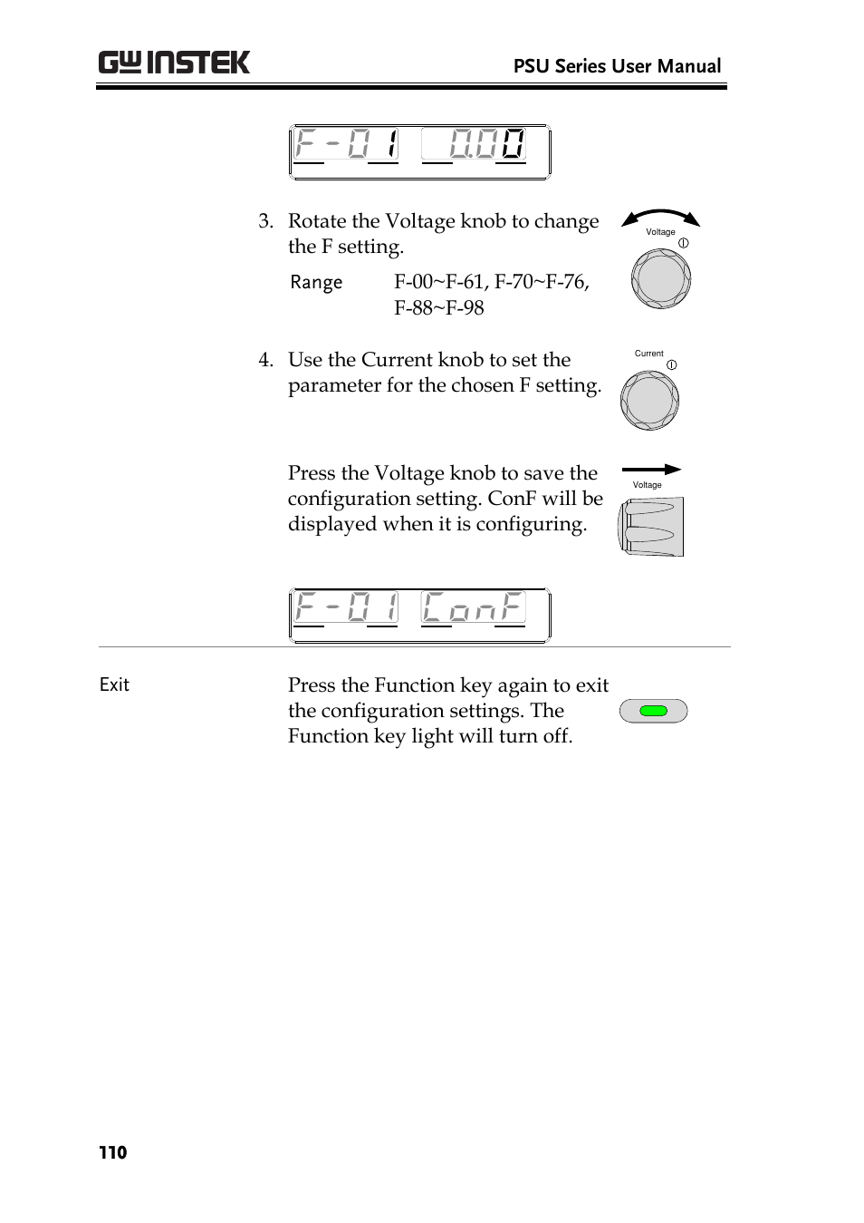 Psu series user manual, Rotate the voltage knob to change the f setting | GW Instek PSU-Series User Manual User Manual | Page 110 / 196