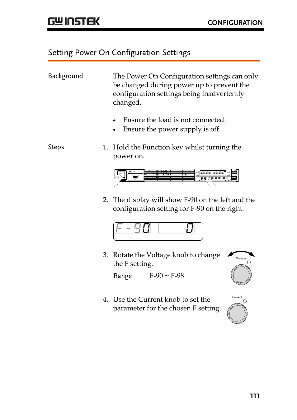 Setting power on configuration settings, Configuration, Ensure the load is not connected | Rotate the voltage knob to change the f setting | GW Instek PSU-Series User Manual User Manual | Page 111 / 196