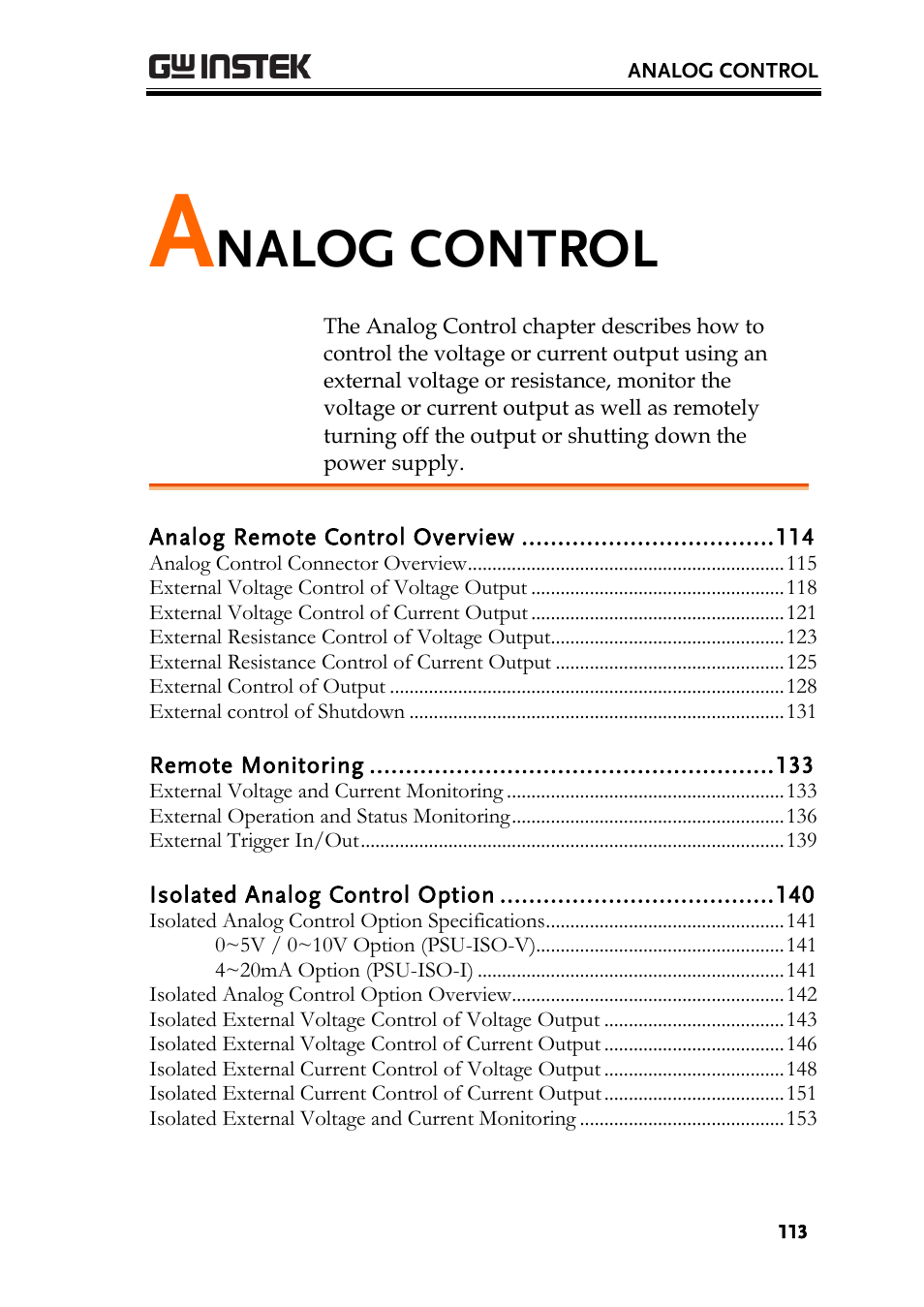 Analog control, Nalog control | GW Instek PSU-Series User Manual User Manual | Page 113 / 196