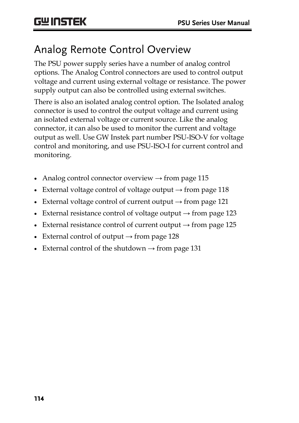 Analog remote control overview | GW Instek PSU-Series User Manual User Manual | Page 114 / 196