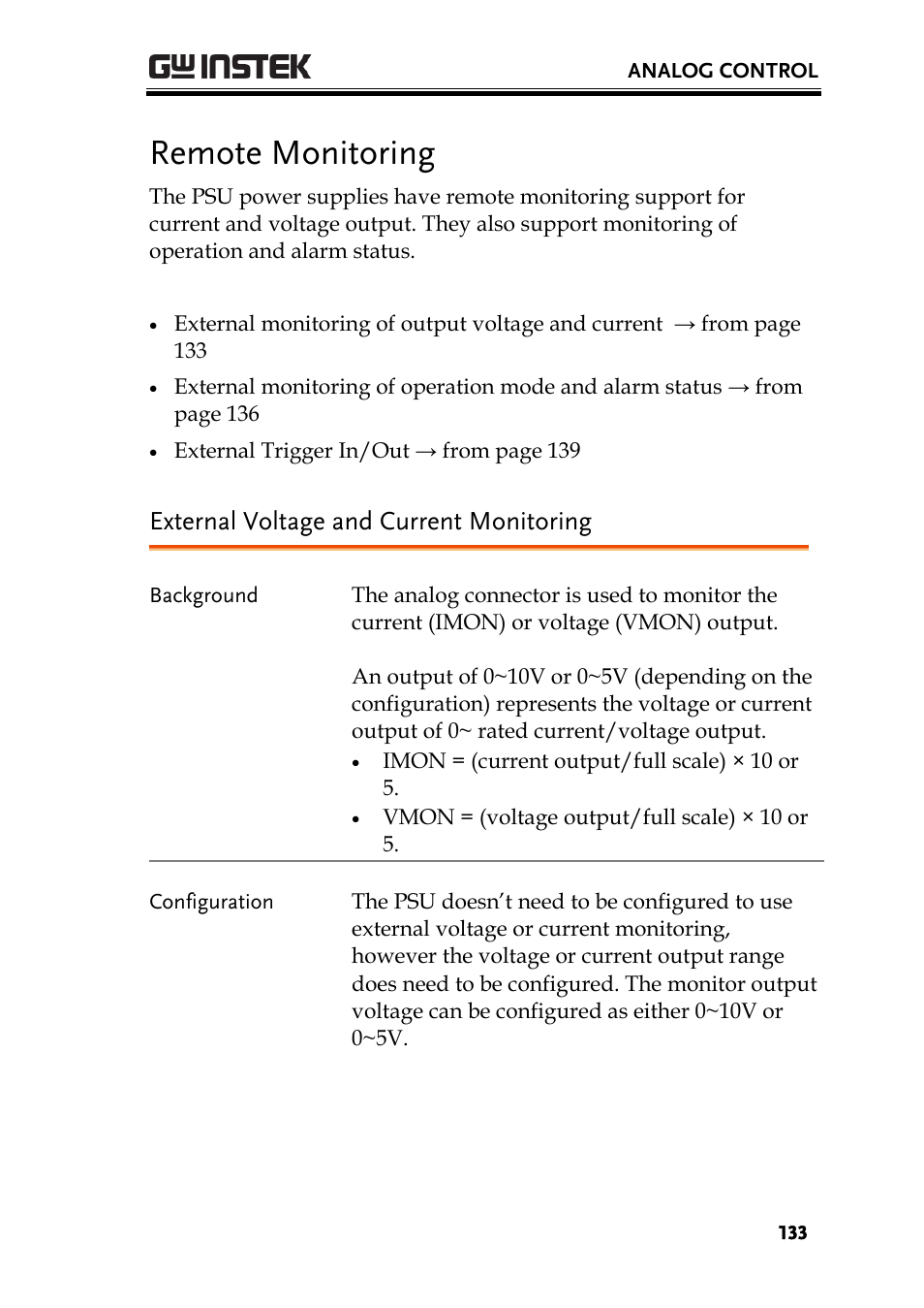 Remote monitoring, External voltage and current monitoring | GW Instek PSU-Series User Manual User Manual | Page 133 / 196