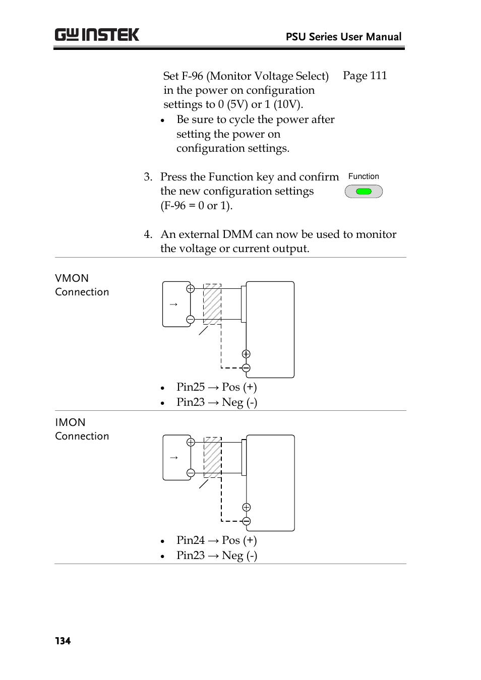 Psu series user manual, Pin25 → pos (+), Pin23 → neg (-) imon connection | Pin24 → pos (+), Pin23 → neg (-) | GW Instek PSU-Series User Manual User Manual | Page 134 / 196