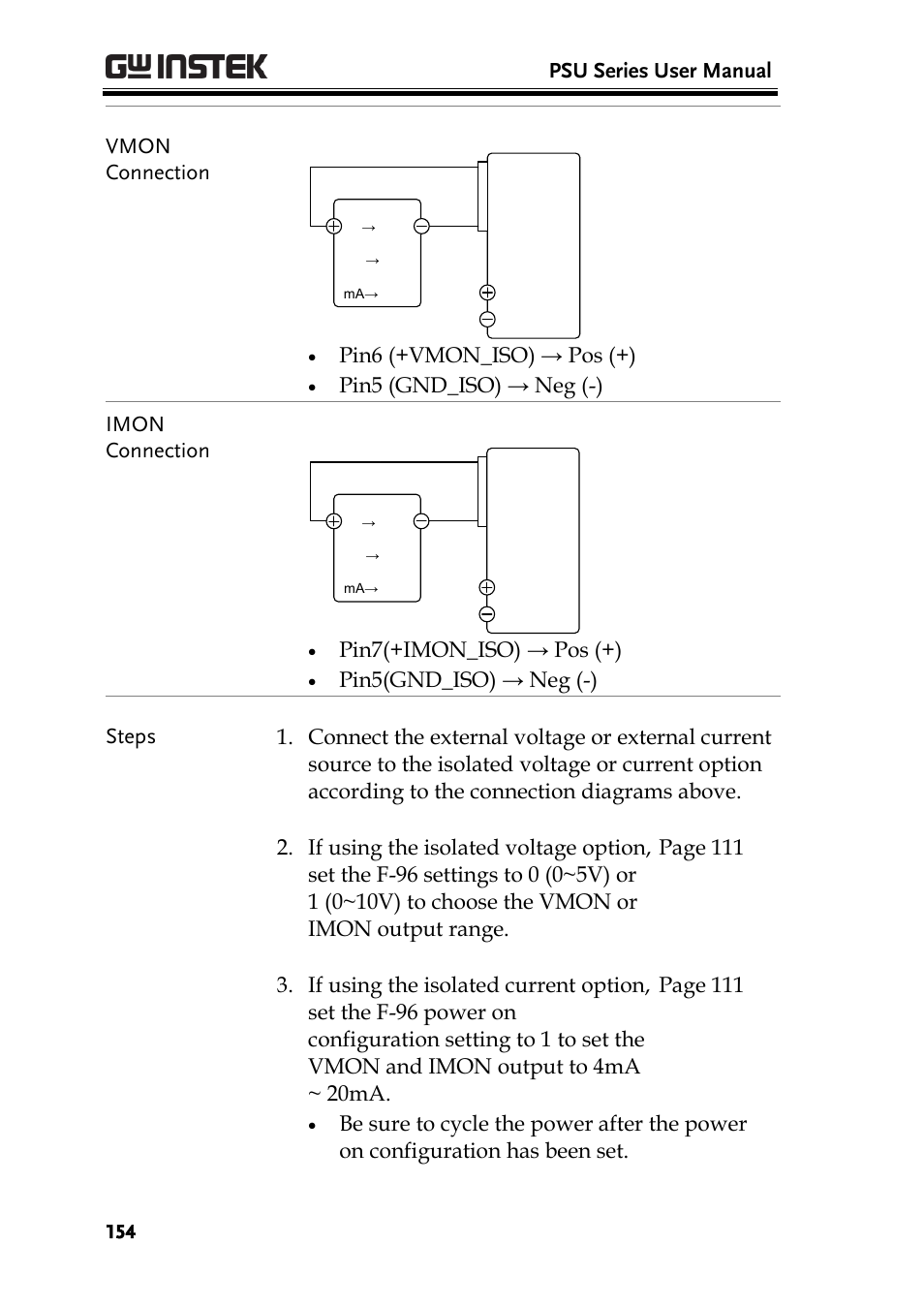 Psu series user manual, Vmon connection, Pin6 (+vmon_iso) → pos (+) | Pin5 (gnd_iso) → neg (-) imon connection, Pin7(+imon_iso) → pos (+) | GW Instek PSU-Series User Manual User Manual | Page 154 / 196