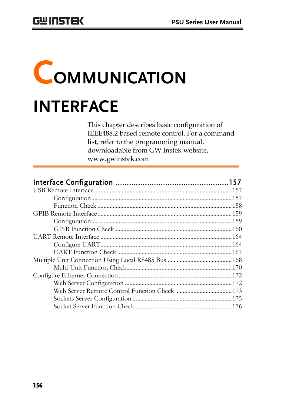 Communication interface, Ommunication interface | GW Instek PSU-Series User Manual User Manual | Page 156 / 196