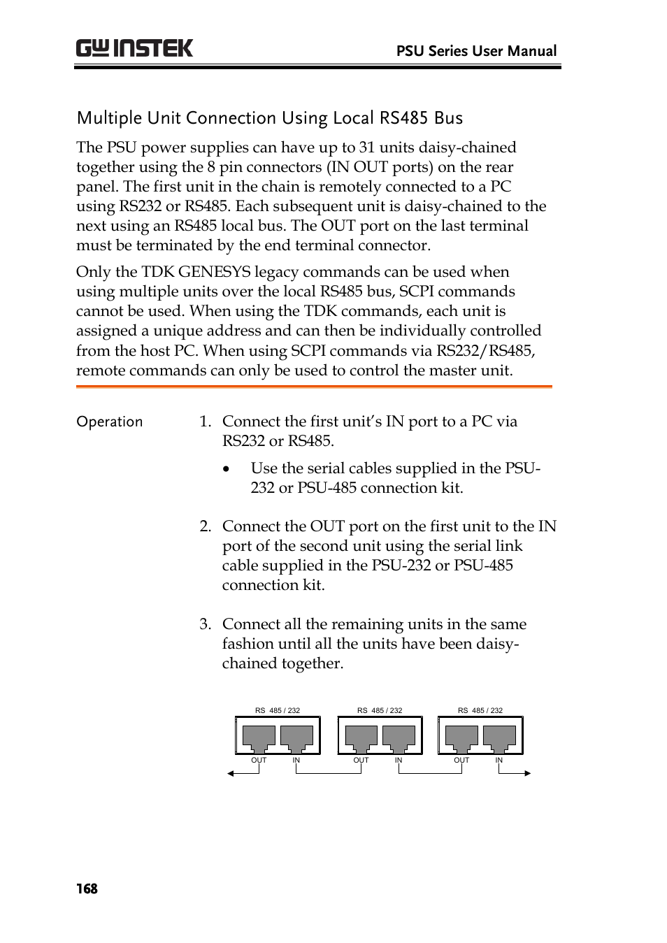 Multiple unit connection using local rs485 bus, Psu series user manual | GW Instek PSU-Series User Manual User Manual | Page 168 / 196