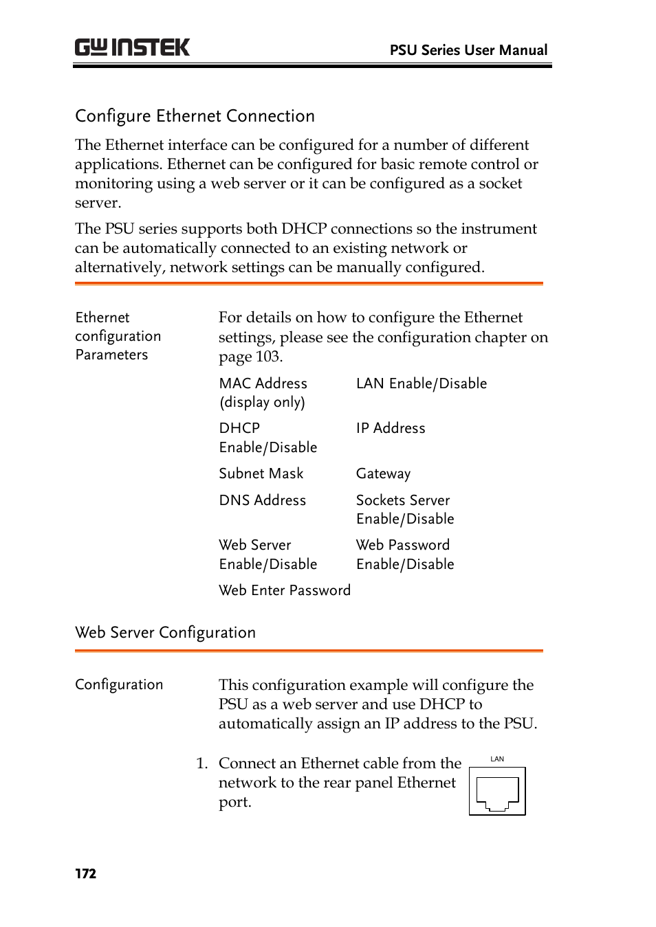 Configure ethernet connection, Web server configuration | GW Instek PSU-Series User Manual User Manual | Page 172 / 196