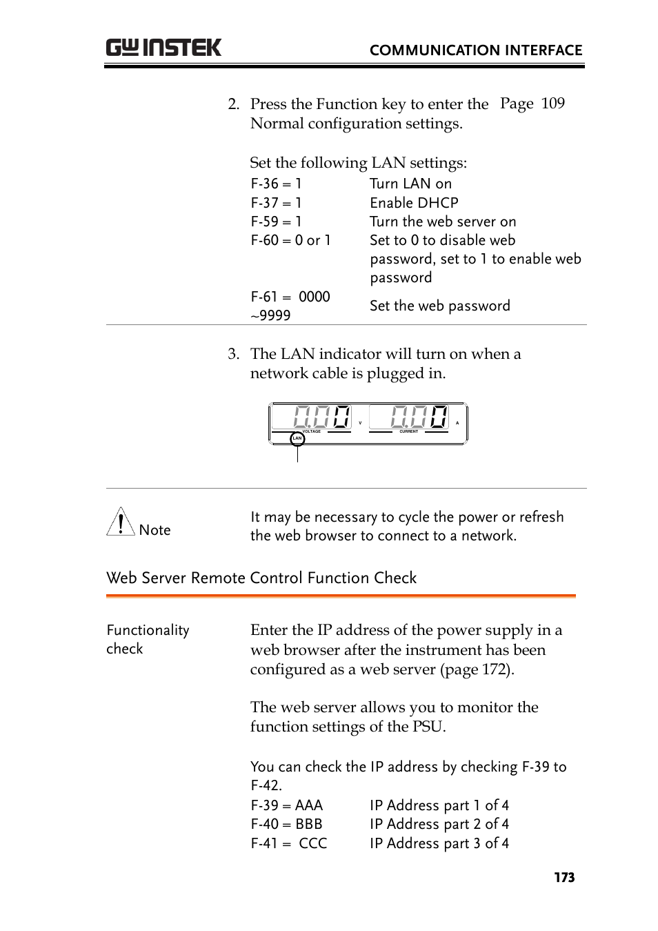 Web server remote control function check, Communication interface | GW Instek PSU-Series User Manual User Manual | Page 173 / 196