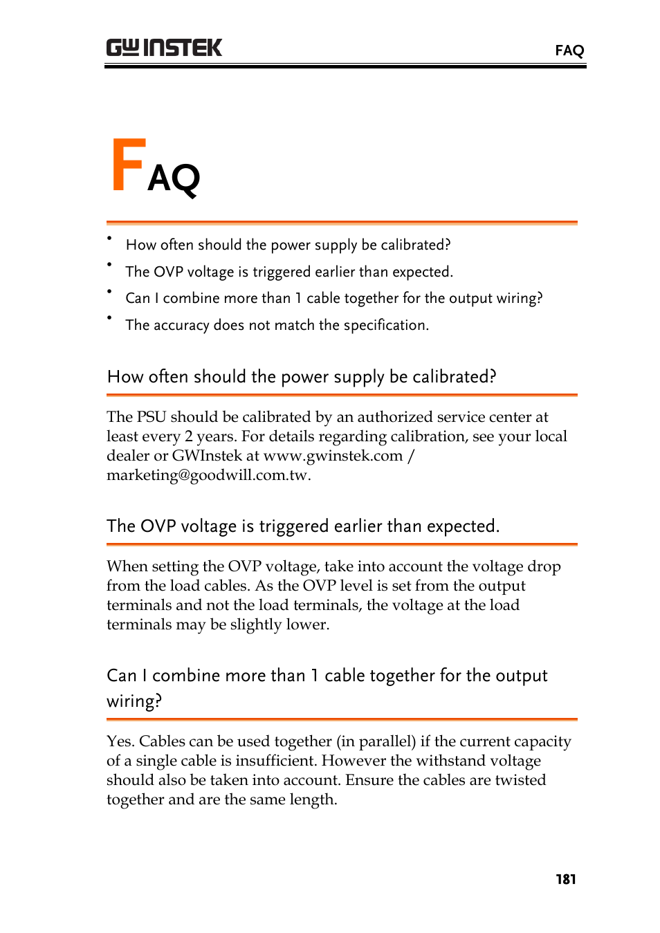 How often should the power supply be calibrated, The ovp voltage is triggered earlier than expected | GW Instek PSU-Series User Manual User Manual | Page 181 / 196