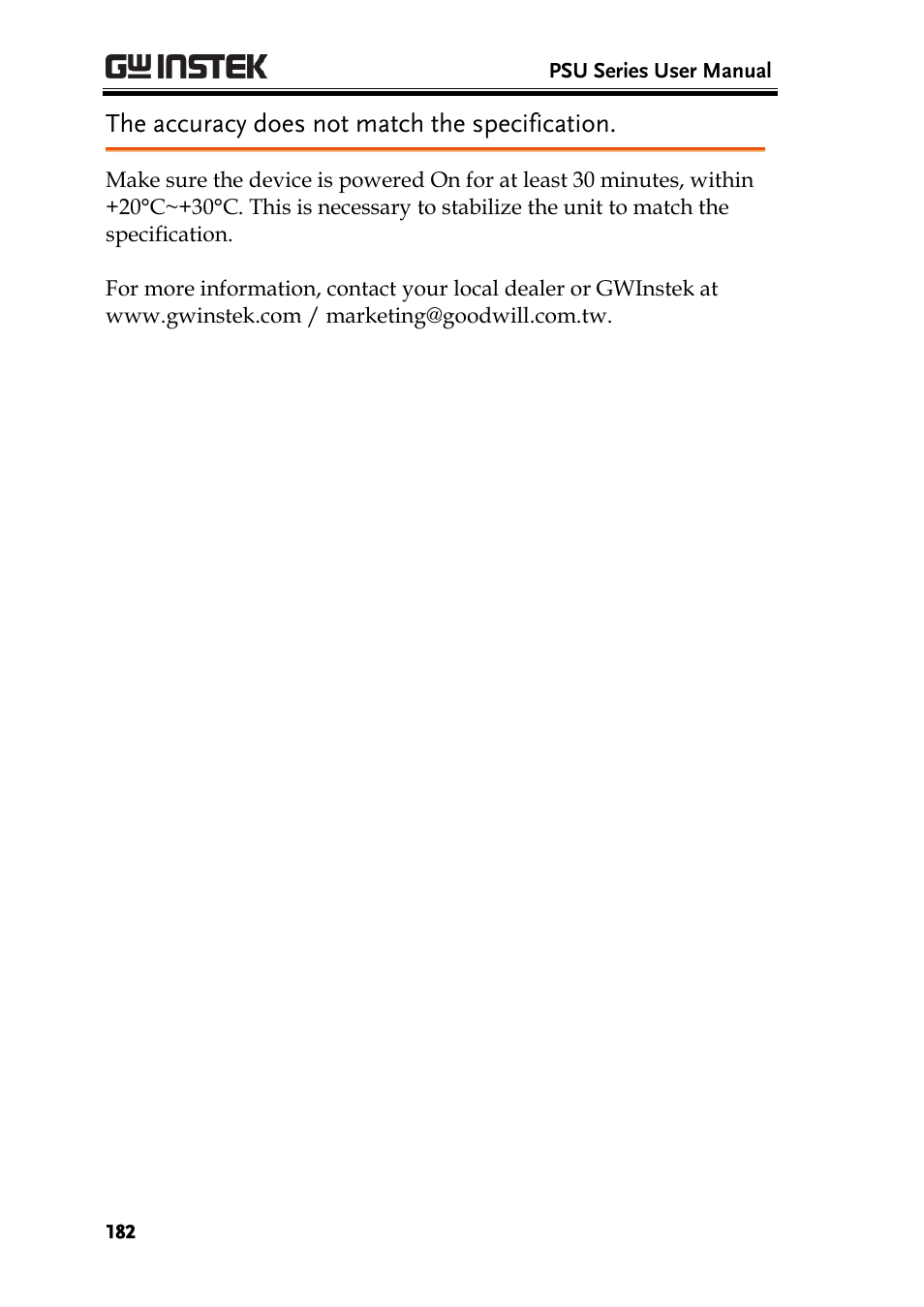 The accuracy does not match the specification | GW Instek PSU-Series User Manual User Manual | Page 182 / 196