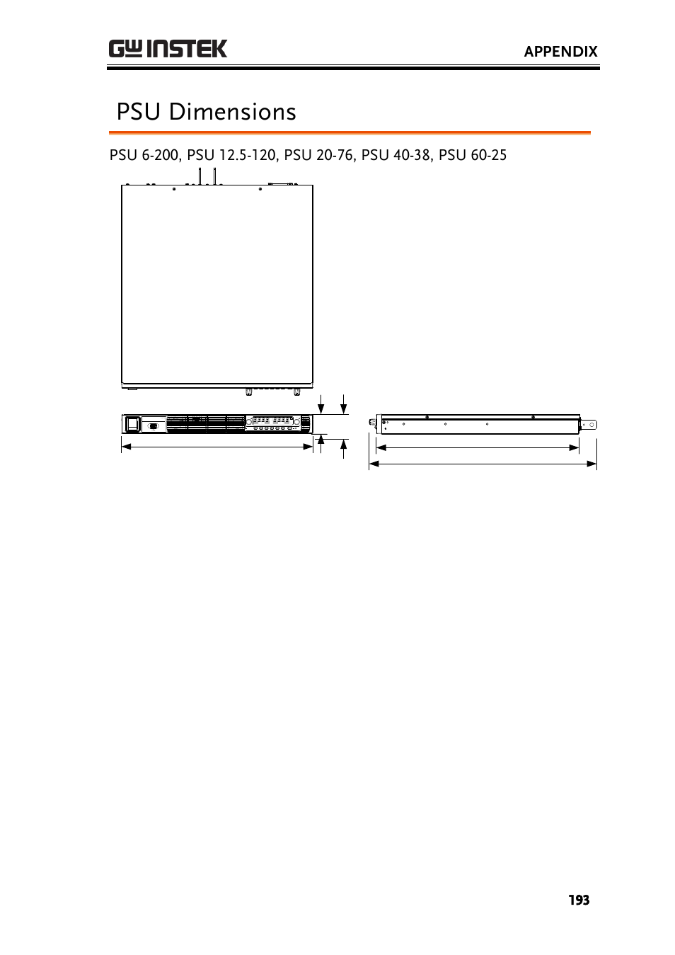 Psu dimensions, Appendix | GW Instek PSU-Series User Manual User Manual | Page 193 / 196