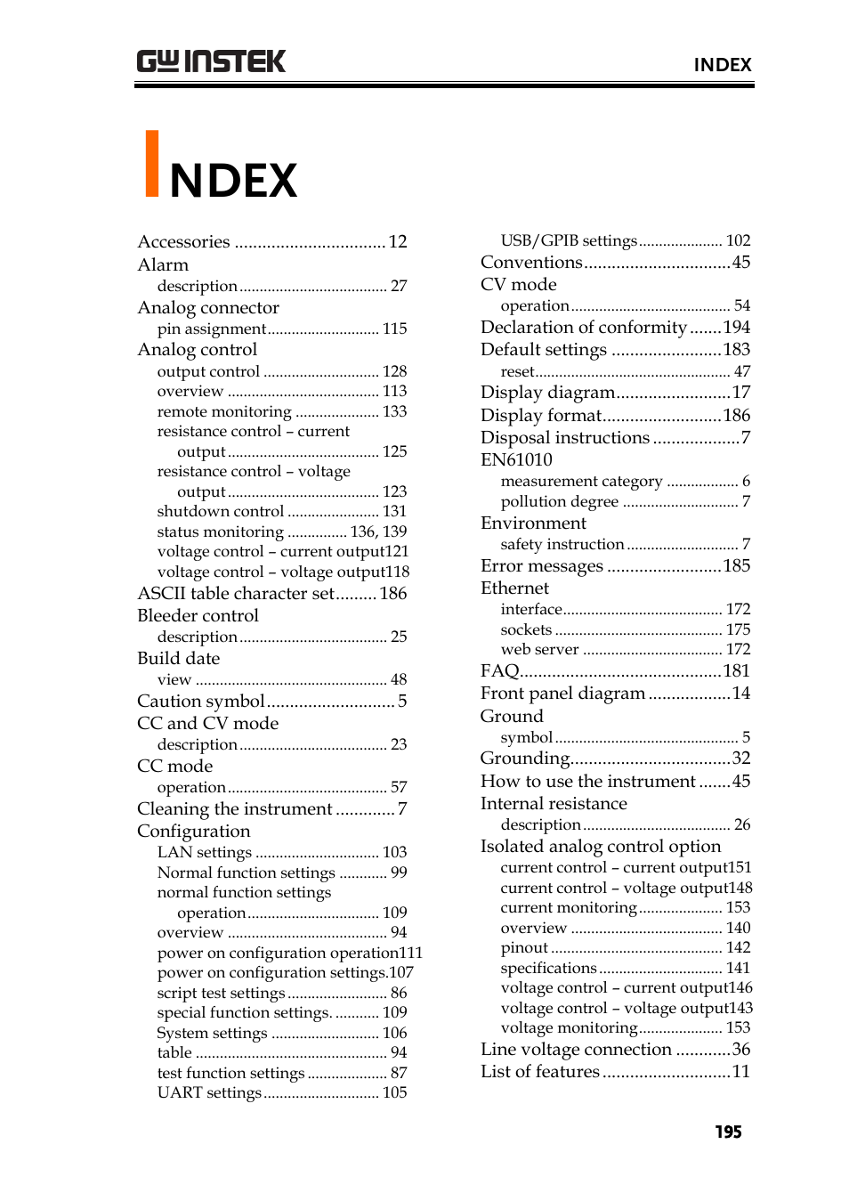 Index, Ndex | GW Instek PSU-Series User Manual User Manual | Page 195 / 196