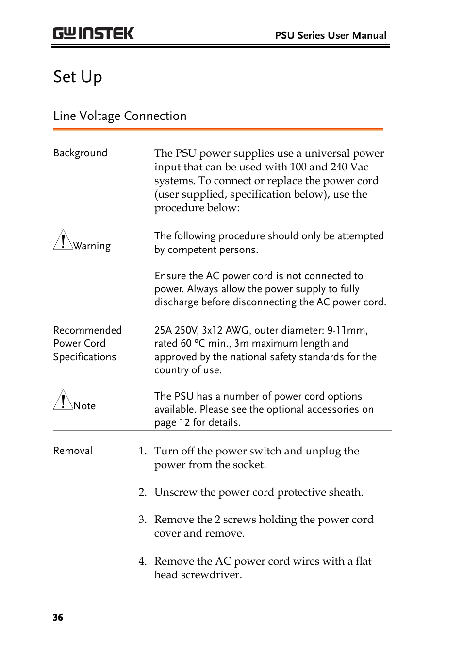 Set up, Line voltage connection | GW Instek PSU-Series User Manual User Manual | Page 36 / 196