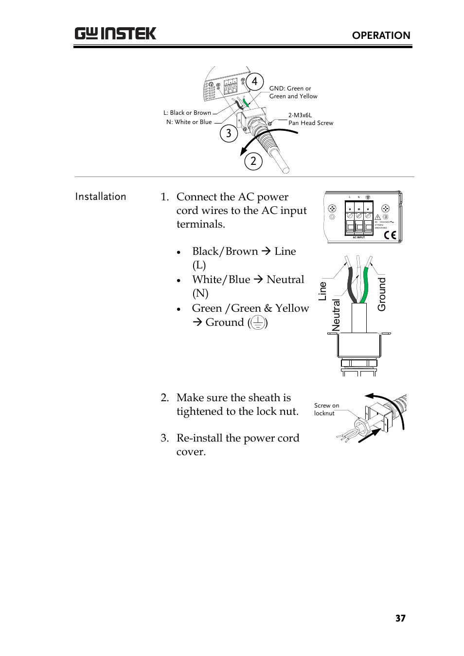 Operation, Black/brown  line (l), White/blue  neutral (n) | Green /green & yellow  ground ( ) | GW Instek PSU-Series User Manual User Manual | Page 37 / 196