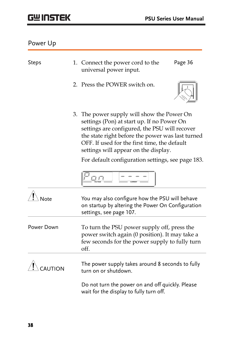 Power up, Psu series user manual | GW Instek PSU-Series User Manual User Manual | Page 38 / 196