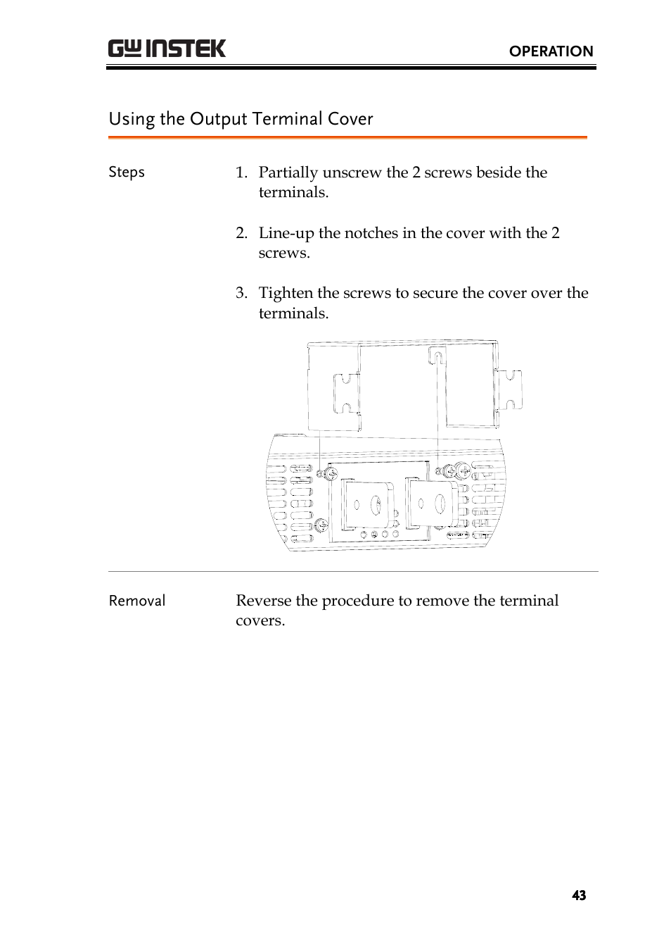 Using the output terminal cover, M3x6l screw | GW Instek PSU-Series User Manual User Manual | Page 43 / 196