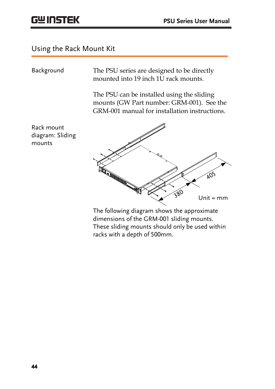 Using the rack mount kit | GW Instek PSU-Series User Manual User Manual | Page 44 / 196