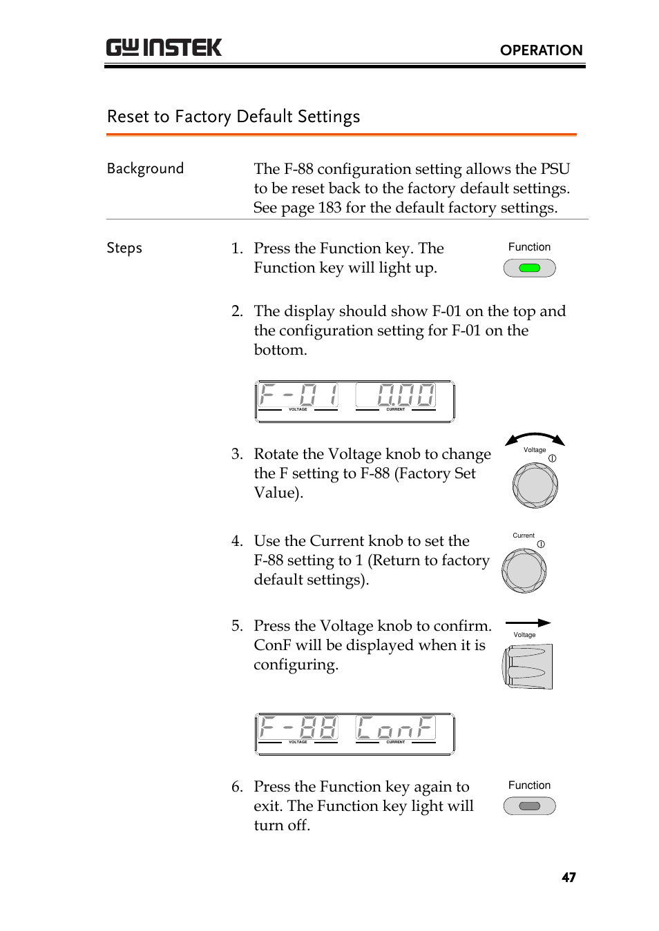 Reset to factory default settings, Operation | GW Instek PSU-Series User Manual User Manual | Page 47 / 196