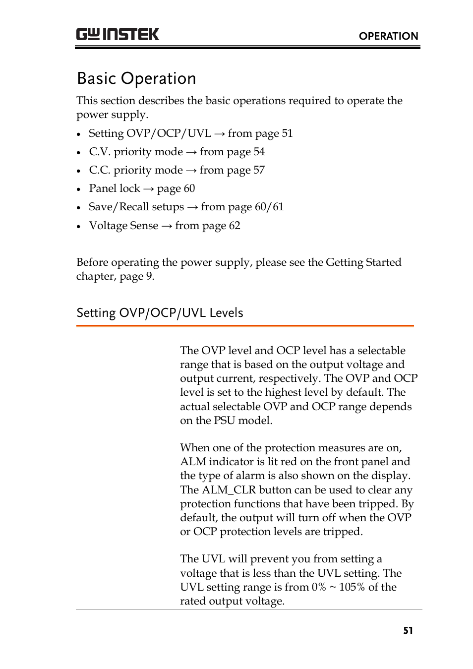 Basic operation, Setting ovp/ocp/uvl levels | GW Instek PSU-Series User Manual User Manual | Page 51 / 196