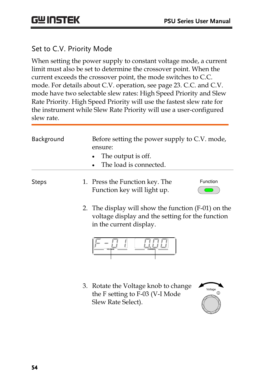 Set to c.v. priority mode, Psu series user manual, The output is off | Function number function setting | GW Instek PSU-Series User Manual User Manual | Page 54 / 196