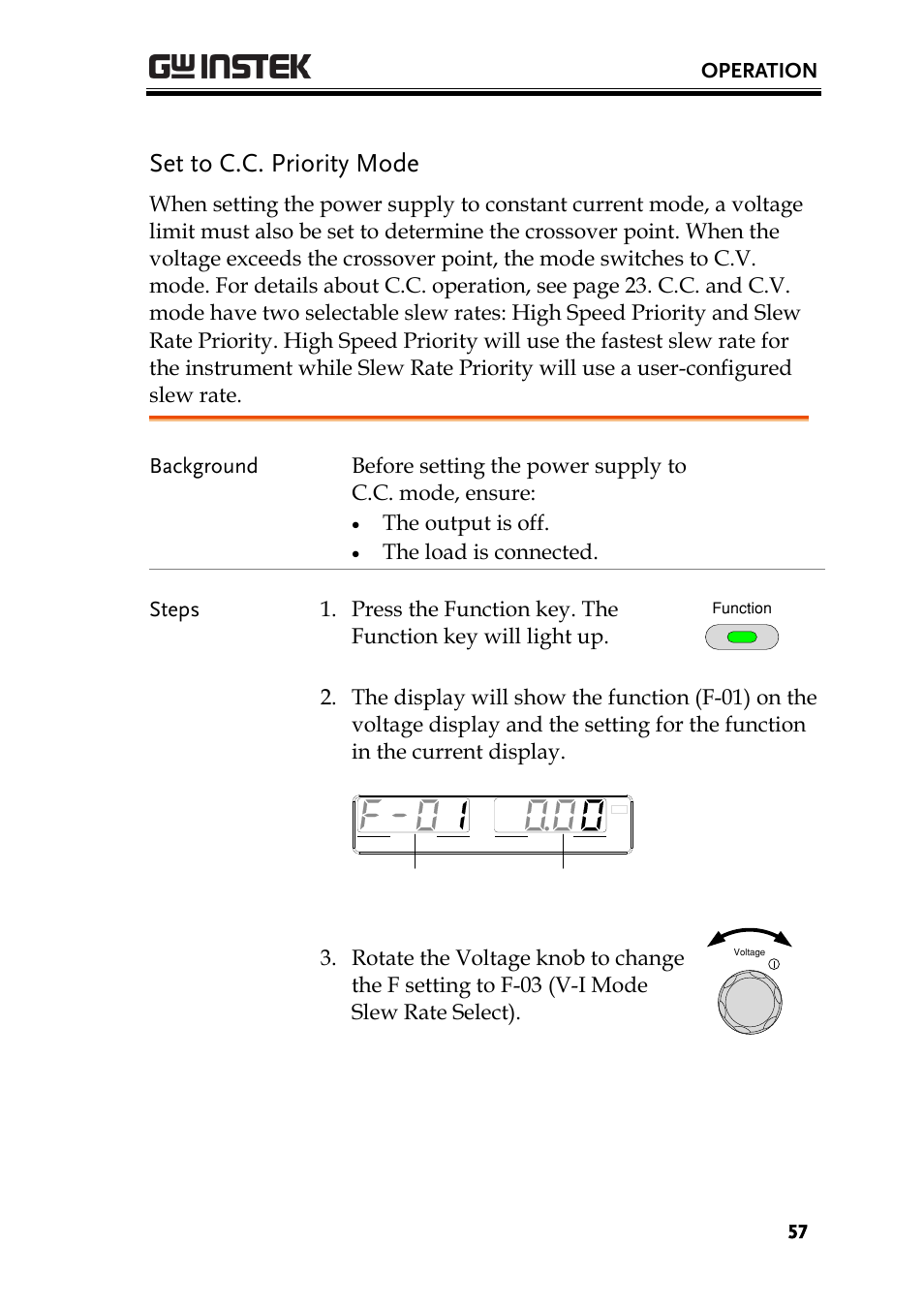Set to c.c. priority mode, Operation, The output is off | Function number function setting | GW Instek PSU-Series User Manual User Manual | Page 57 / 196