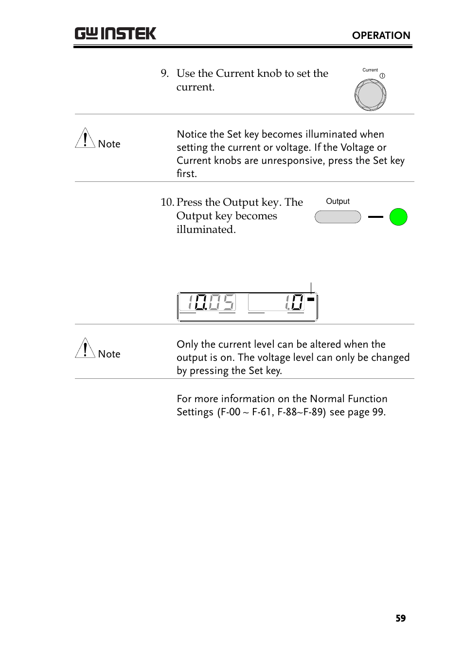 Operation, Use the current knob to set the current, Cc will become illuminated (right) | GW Instek PSU-Series User Manual User Manual | Page 59 / 196