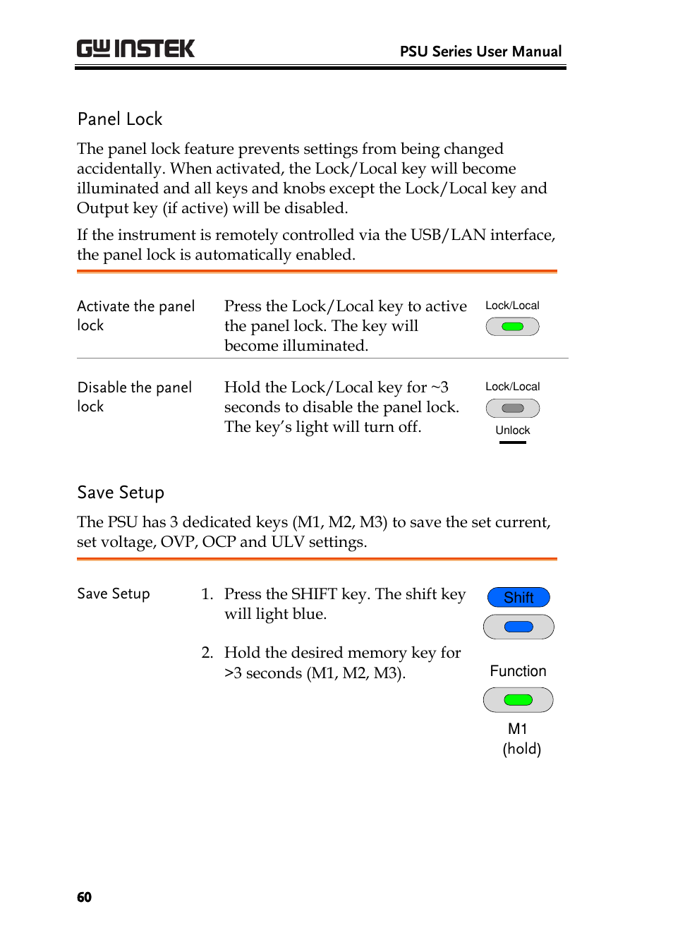 Panel lock, Save setup | GW Instek PSU-Series User Manual User Manual | Page 60 / 196