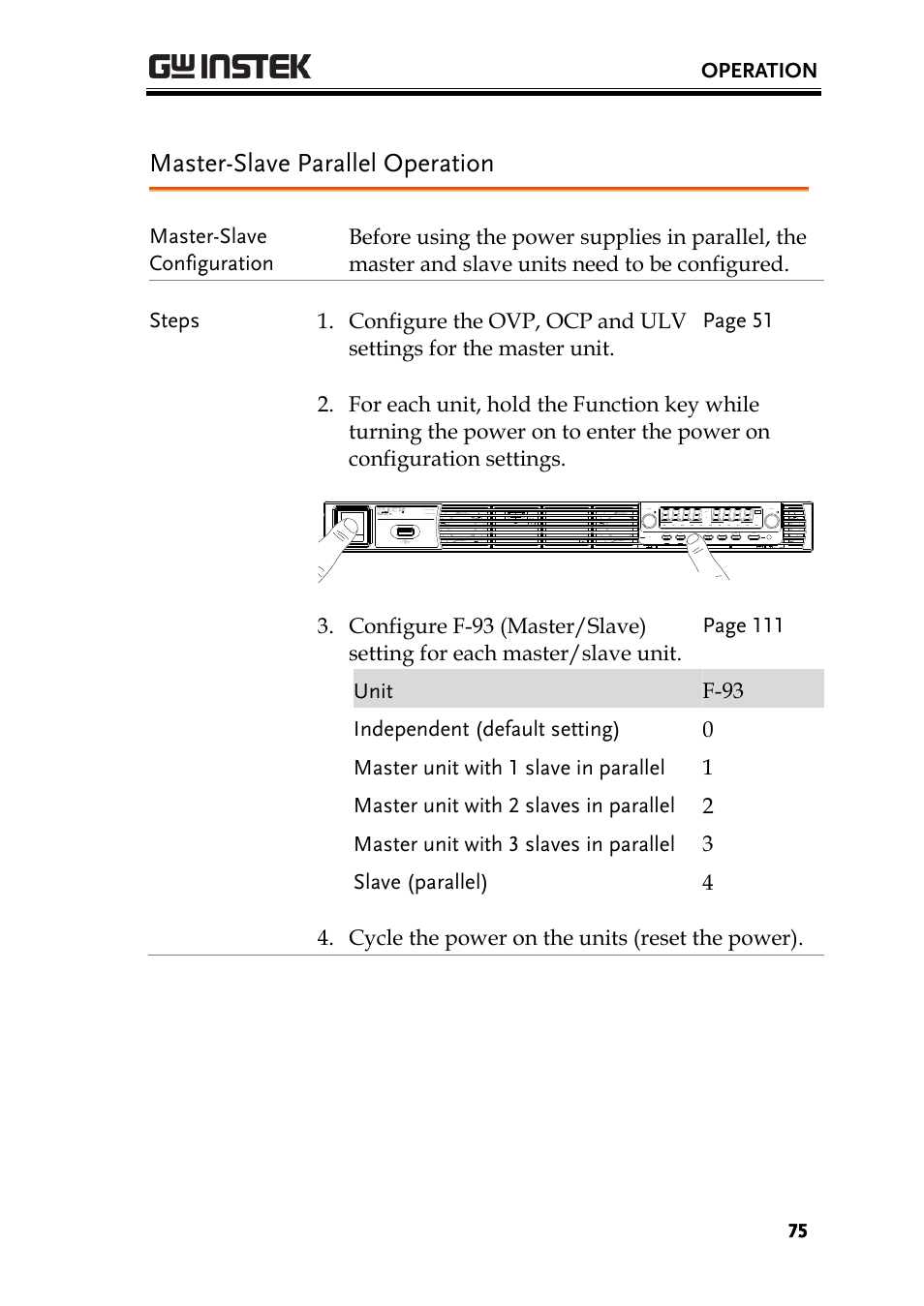Master-slave parallel operation, Operation | GW Instek PSU-Series User Manual User Manual | Page 75 / 196